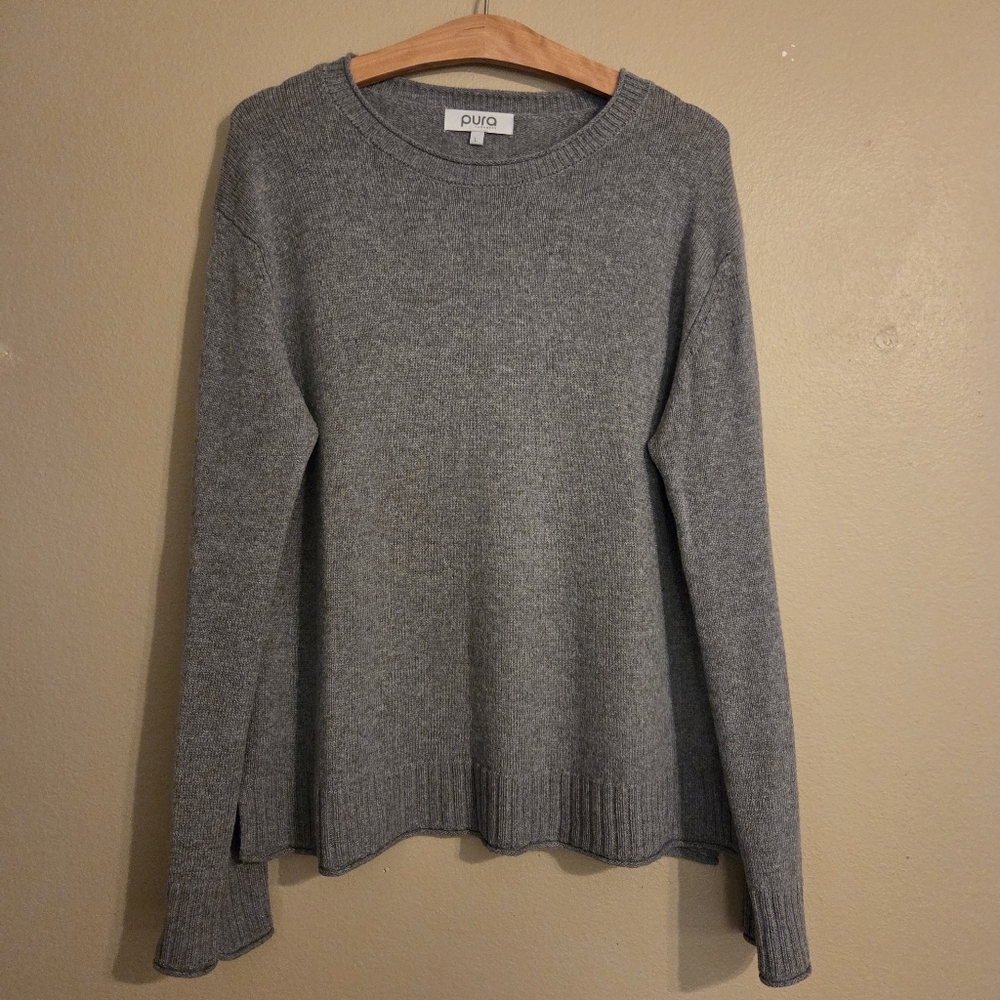 PURA CASHMERE Gray Extra Fine Merino Wool‎ Cashmere Blend Crewneck Sweater SZ L